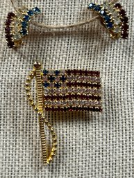 Patriotic Red, White & Blue Rhinestone Flag Pin And Clip Earrings