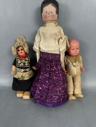 3 Dolls: Wooden Doll, Celluloid Boy Doll And Dutch Doll