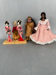 Collection Of Dolls:  Indian Doll, Japanese Dolls, Black Doll And Peasant