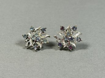 Pair Of Silver Tone And Blue Rhinestone Screwback Earrings