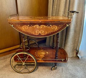 Vintage Italian Marquetry Wood & Brass Bar Cart