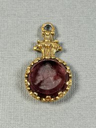 Gold Tone Purple Glass Intaglio Fob Or Pendant