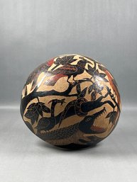 Antique Hand Painted African Coconut Shell Bowl With Birds And Alligator