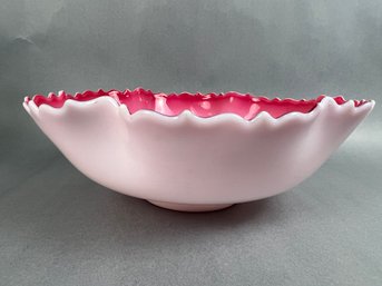 Peach Glow Wave Rim Hand Blown Fruit Bowl.