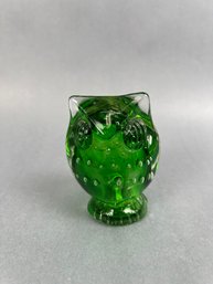 Hand Blown Green Bubble Glass Owl.