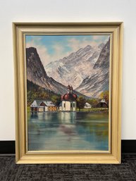 Original Painting St. Bartholomew On Lake Koenigssee, Artist Signed, L. Konig
