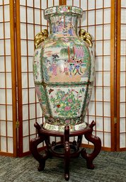 Tall Chinese Hand Painted Vase On Rosewood Stand