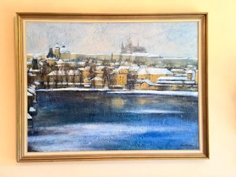 Original Oil Featuring Snowy Cityscape By Jan Samec