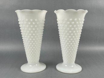 Vintage Pair Of Hobnail Milk Glass 9.5 Inch Vases