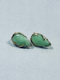 Vintage Signed 14K Yellow Gold 585 And Jade Pierced Earrings