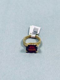 14K Yellow Gold Electroplate Ring With Orange/Red Rectangle Faceted Stone - Sz 6