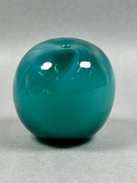 Signed Blue-Green Blown Art Glass Orb - Vase