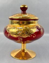 Vintage Gold Hand Painted Ruby Glass Covered Compote