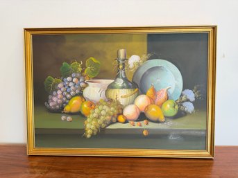 Original Oil On Canvas  Still Life Of Fruit And Wine Signed Lewis