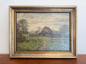 Vintage Oil On Canvas 'farmhouse With Poultry Yard' By G Schulz