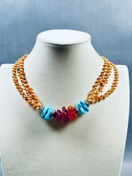 Vintage Southwest Choker Necklace: Sterling, Seed Pearls, Amber And Turquoise