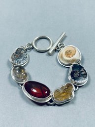 Signed Sterling Ammonite Fossil, Amber And Stone Toggle Clasp Bracelet - Mexico