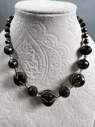 Vintage Gold Accents And Black Bead Necklace