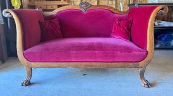 Red Velvet Upholstered Victorian Hand Carved Sofa