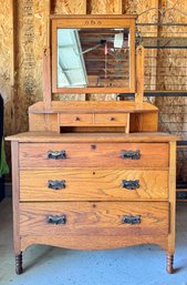 Antique Oak 3 Drawer Dresser And Attached Mirror