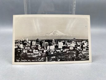 Vintage Black-And-White Postcard Of Seattle, Washington And Mount Rainier