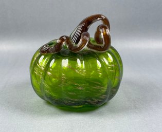Green And Brown Hand Blown Glass Pumpkin With Gold Swirl Accent