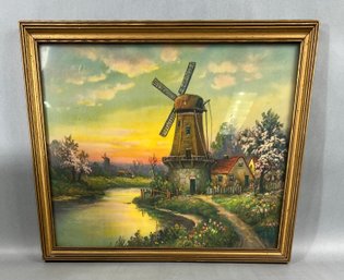 Vintage Dutch Windmill Print In Antique Frame