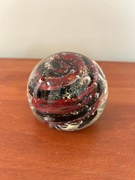 Round Black, Red And Clear Art Glass Paperweight: Signed