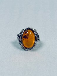 Vintage Sterling Ring With 1' Oval Amber Cabochon Set With Detailed Leaf And Floral Motif
