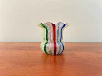 Murano Vintage Red Yellow Green Blue Aventurine Ribbons Italian  Art Glass Ruffle Rim Toothpick Holder