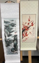 2 Vintage Japanese Fabric And Paper Scroll Paintings.