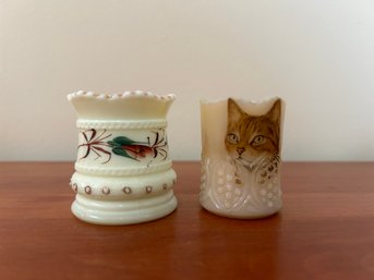 2 Antique Toothpick Holders:  Slag Glass And Custard Glass