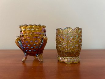 2 Carnival Glass Toothpick Holders: Daisy & Button, Amber Hobnail