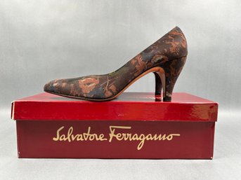 Abstract Floral Suede Ferragamo 8.5 Pumps