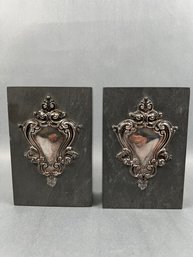 Slate Bookends With Silver Badges.