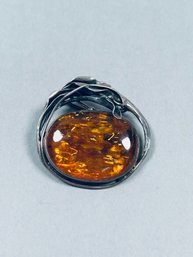 Vintage Large Amber Stone Convertible Brooch/Pendant In Sterling Setting