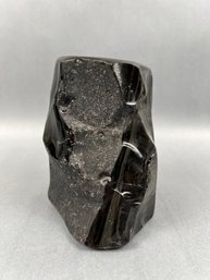 Heavy Black And Gray Freeform Glass Vase.