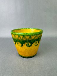 Hand Painted Italian 4 Inch Tall Planter -yellow And Green Waves