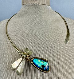 VINTAGE JAMES ROCKWELL ARTIST DESIGNER SIGNED FUSED GLASS NECKLACE MODERNIST DRAGONFLY
