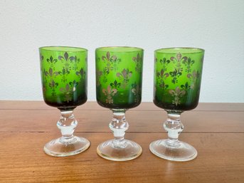Set Of 3 Vintage Green Glass & Gold Fleur De Lis 4 Inch Stemmed Glasses