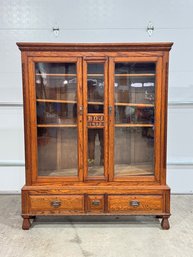 Vintage Oak Bookcase With Glass Doors & Bottom Drawers, Initialed And Dated 1928.