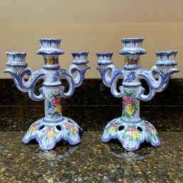 Pair Of Portuguese Hand Painted Candelabras