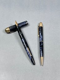 Vintage Wahl Eversharpe Skyline Fountain Pen (14k Nib) And Mechanical Pencil - Blue Striped