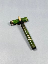 Vintage Gold Bond Green Marbled Fountain Pen With 14k Accent Bands And 14k Nib