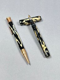 Vintage Conklin Flat Top Three Fifty Fountain Pen And Pencil Set - Black And Pearl