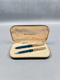 Waterman CF Fountain Pen Set (1950s) Teal With Gold Plated Smooth Caps