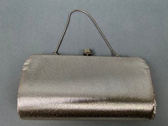 Silver Clutch With Pearl Snap And Silver Chain.