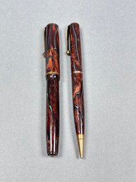 Vintage Parker Moderne Brown Marbled Fountain Pen & Pencil Set  - Canada