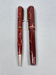 Vintage Parker Mahogany And White Fountain Pen & Mechanical Pencil Set