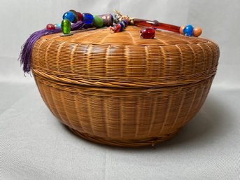 Antique Decorated Covered Sewing Basket.